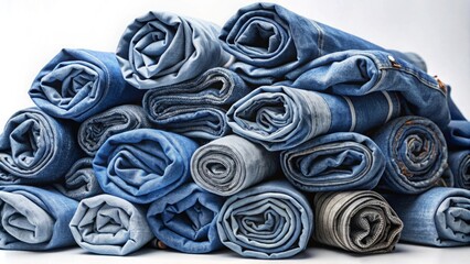 Rolled blue denim jeans stack for upcycled zero waste fashion