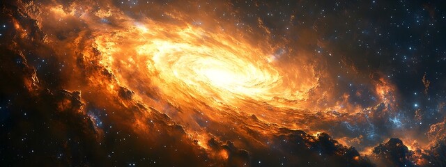 Boundless cosmic panorama showcasing enigmatic stellar galactic cores,and visionary space Featuring a visually striking interplay of fiery cosmic energies,luminous matter.