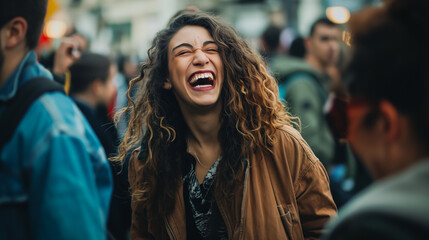 Candid Moments: A woman capturing spontaneous, candid moments of people laughing and interacting, World Photography Day, with copy space