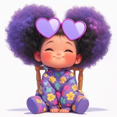 Fototapeta premium Cute cartoon baby girl with large purple afro puffs and heart sunglasses sitting on a chair, isolated on a white background.