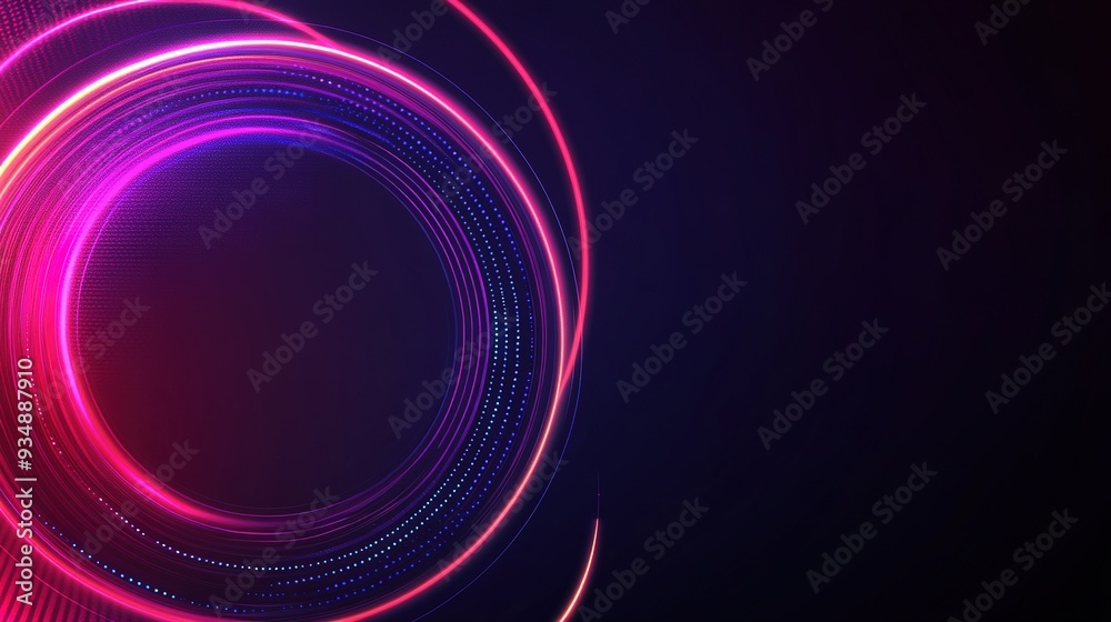 Wall mural Abstract Neon Circle: A mesmerizing abstract background featuring a vibrant neon circle, composed of swirling lines of pink, blue, and purple hues, on a dark background