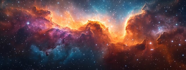 Obraz premium Boundless intergalactic expanse with shimmering stellar archipelagos,captivating cosmic narratives,and vibrant swirling nebulae in a visionary space fantasy digital impressionist artwork.