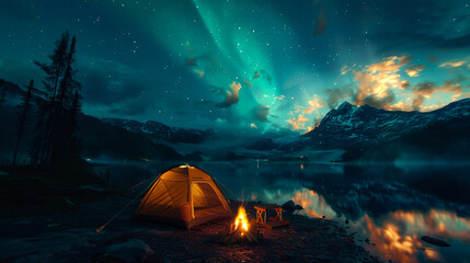 Campsite Under a Starry Sky with Aurora Borealis