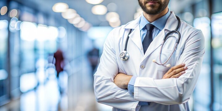 A man in a shoulder-length white coat medical background blurred
