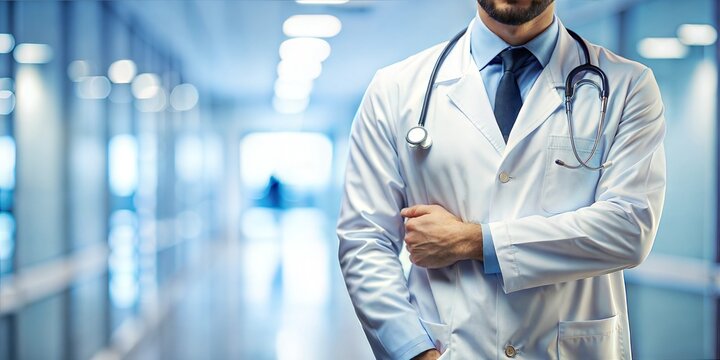 A man in a shoulder-length white coat medical background blurred