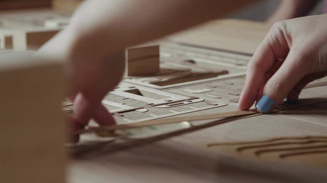 Caucasian Woman Building Architecture Model by Hands Close Up. Young Person Constructing City Landscape and Making Streets of Natural Wood. Adult Worker Crafts Tech Prototype of Real People Lifestyle