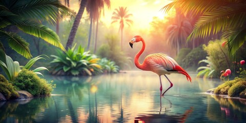 Fototapeta premium Collage retro dreamy of flamingo in the outdoors surrounded by nature