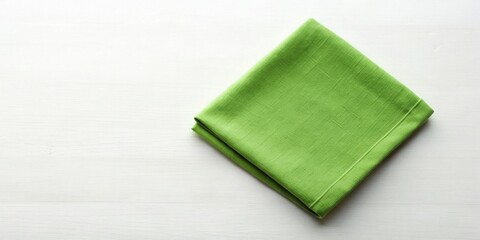 Fototapeta premium Top view of a green kitchen napkin on a table with copy space, folded cloth for mockup, minimalistic flat lay style