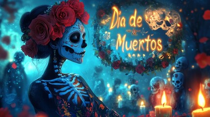 Woman on Day of the Dead.   inscription "Dia de Muertos"