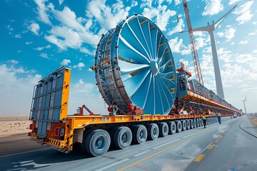 Massive Transport Vehicle Carrying Large Equipment Along Industrial Road Under Clear Sky