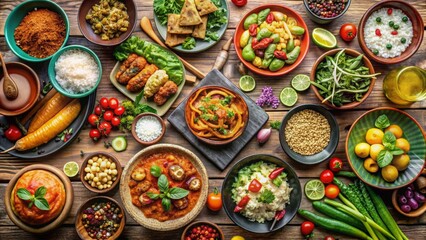 A beautifully set table featuring a diverse array of global cuisines, including staple dishes and fresh produce