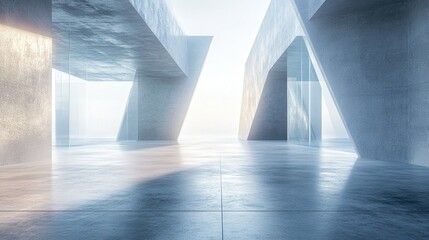 Obraz premium Abstract Concrete Architecture: A minimalist and modern 3D rendering of a sleek, concrete interior with geometric shapes and soft, ethereal lighting. 