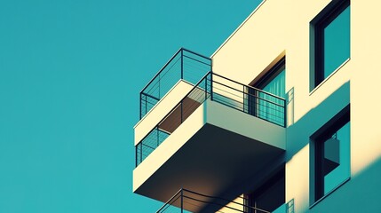 Obraz premium Modern Architecture Minimalism: A low-angle view of a contemporary apartment building with clean lines, balconies, and a vibrant blue sky.