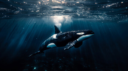 Fototapeta premium An Orca Swimming Through Sunbeams in the Deep Ocean
