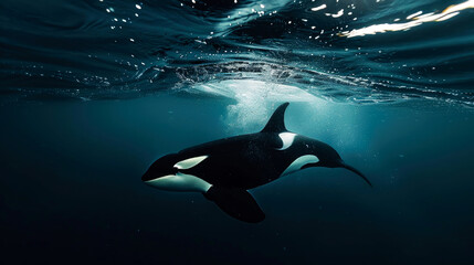 Fototapeta premium Underwater View of an Orca Swimming in the Ocean