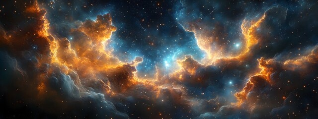 Naklejka premium Captivating Cosmic Landscape of Luminous Stellar Formations and Enigmatic Astral Wonders. Futuristic space and visionary mixed media art depiction of mesmerizing astronomical phenomena.