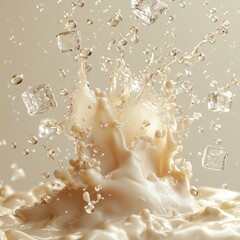 Yakult and ice cubes splashing on a creamy white background, with refreshing Yakult droplets and icy splashes flying