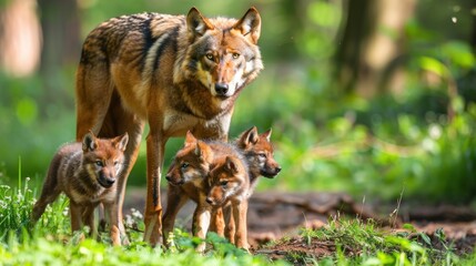 Fototapeta premium A wolf mother watches over her three adorable pups in a lush green forest.