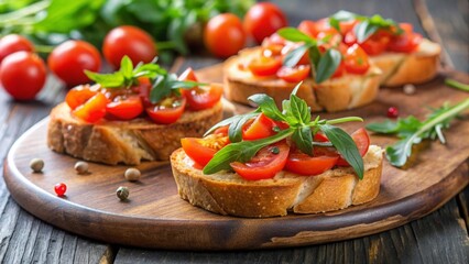 Fresh bruschetta with tomatoes and arugula on a background
