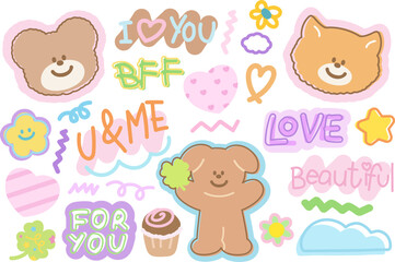 Cute vector illustration of teddy bear, cat, clover leaf, puppy, star, flower, heart, cupcake for animals, cartoon character, cute patches, standee, shirt print, kid doll, plush toy, sweet dessert