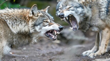 Fototapeta premium Two wolves snarling at each other in the forest.