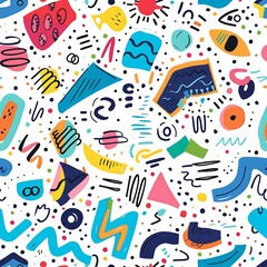A playful vector background with a mix of hand-drawn doodles and geometric shapes in bright, cheerful colors, scattered across a white canvas. 8k UHD, suitable for high-quality printing or digital 