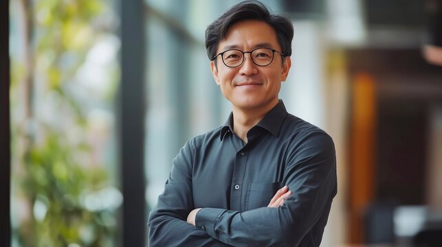 Happy confident professional Korean business man of mature standing in office. 40 years old business owner, company manager, smiling senior ceo executive, corporate leader at work.