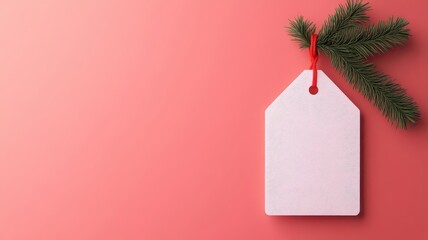 A blank gift tag adorned with a green pine sprig, set against a soft pink background, perfect for holiday decorations.