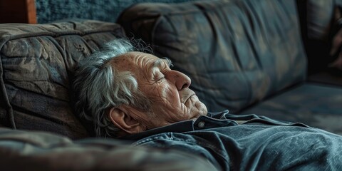 Senior man with sparse grey hair relaxing on a couch in an assisted living center.