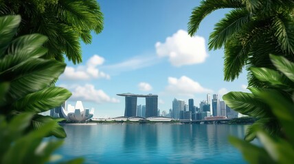 A serene view of the Singapore skyline framed by lush foliage, showcasing modern architecture against a clear blue sky.