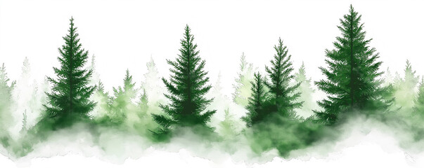 Obraz premium Watercolor forest landscape banner, green trees on a white background. Pine tree silhouettes in a misty forest.