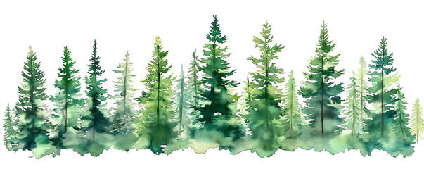 Watercolor forest landscape banner, green trees on a white background. Pine tree silhouettes in a misty forest.
