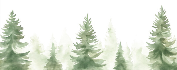 Obraz premium Watercolor forest landscape banner, green trees on a white background. Pine tree silhouettes in a misty forest.
