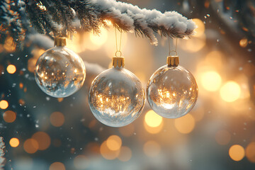 Festive Christmas tree with decorations with glittery baubles, frosted evergreen branches, illuminated by warm lights on a blur background