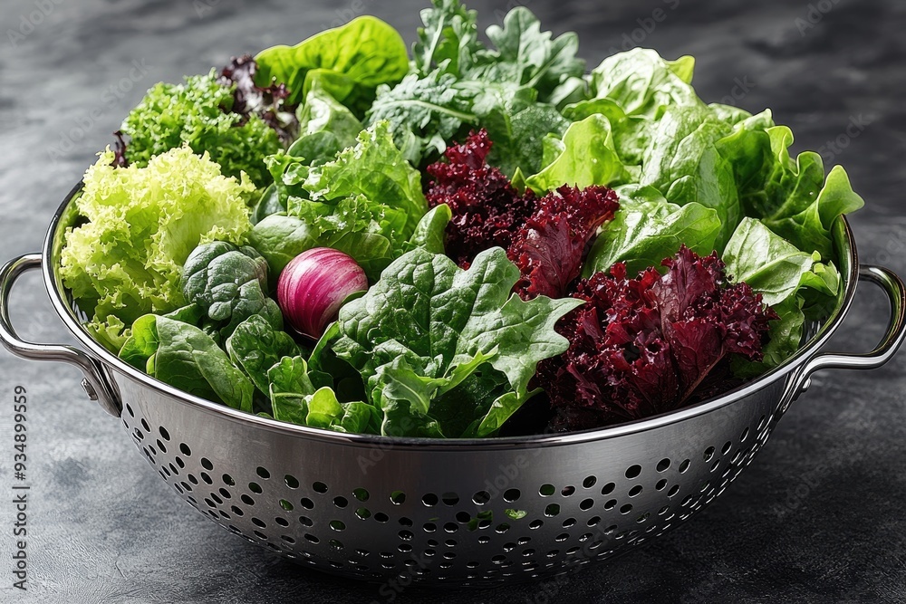 Wall mural freshly washed green and red leaf lettuce in colander