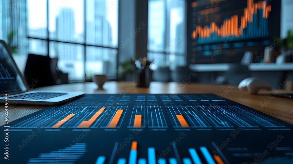 Poster detailed business growth analytics and data visualization with technical style charts graphs and num