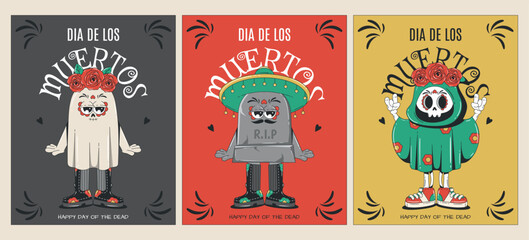 Mexican Day of the Dead poster set. Dia de Los Muertos greeting cards with characters in trendy groovy style. Cute ghost, Death and tombstone wearing a sombrero. Retro 60s-70s style.