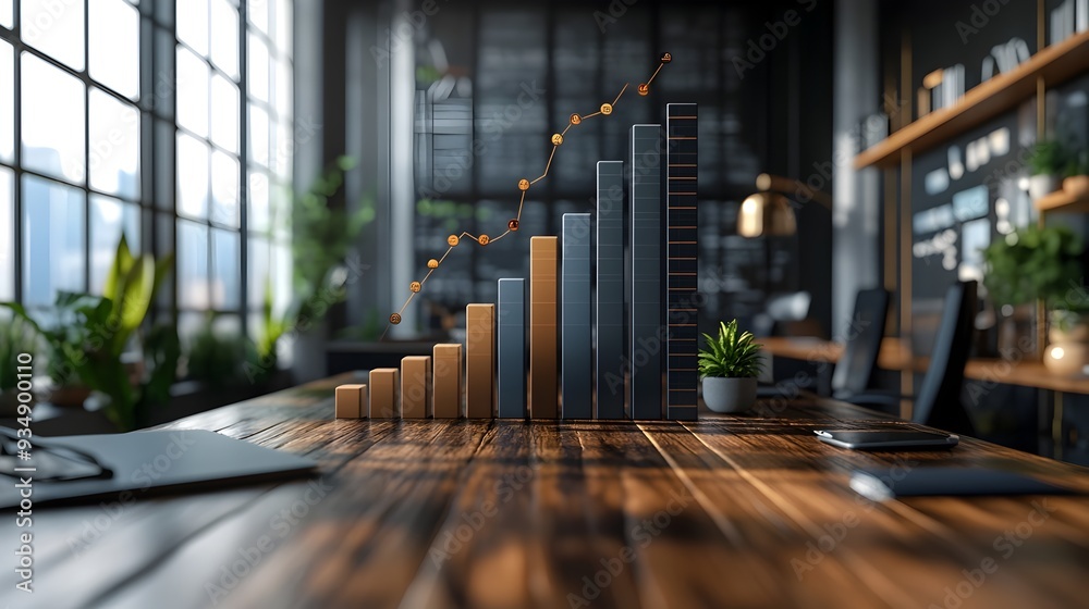 Poster detailed data visualization depicting business growth over time using technical style with bar chart