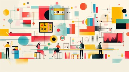 A colorful drawing of people working in a room with a computer monitor, busy work in company