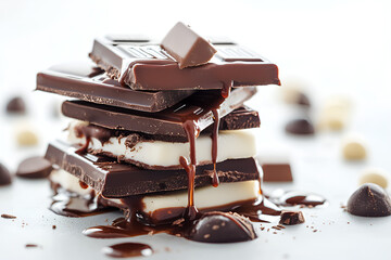 Broken chocolate blocks stack pile with sauce or sherbet isolated on white background