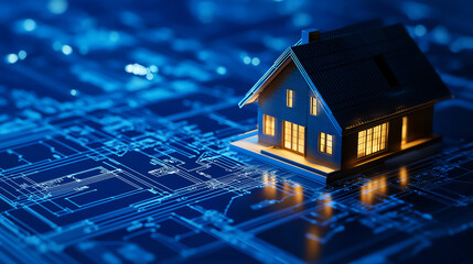 A miniature house model illuminated on a blueprint, representing the intersection of architecture and technology.
