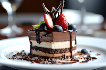 Elegant dessert display featuring layered chocolate cake on a white plate and assorted fruits at a fine dining restaurant during the evening