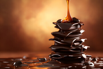 Decadent flowing chocolate fountain with rich brown hues in soft focus background, evoking indulgence, party desserts, and festive celebrations.