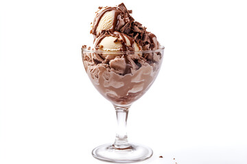 Photo of caramel cream sundae with condensed milk, vanilla and chocolate ice cream, isolated on white background.
