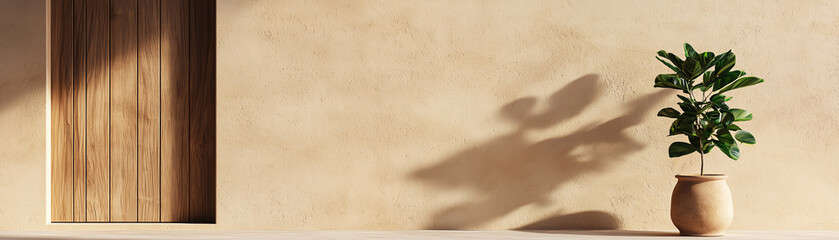 A minimalist interior scene featuring a potted plant casting shadows on a textured wall, perfect for modern decor inspiration.
