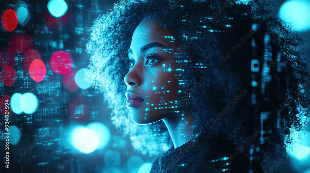 Wall mural Neon Lights and Bokeh Effect: Young African American Woman with Curly Hair Analyzing Data in a Cyberpunk-Themed Dark Environment