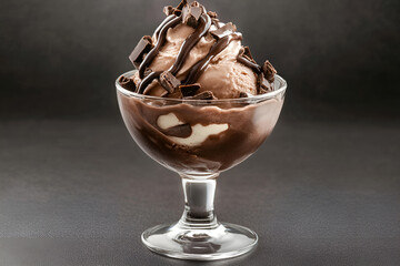 Delicious vanilla ice cream scoop drizzled with rich chocolate sauce in an elegant glass bowl, an irresistible dessert treat with gray background