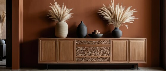 Stylish contemporary interior featuring a minimalist wooden sideboard with decorative vases and pampas grass. Warm, earthy tones create a modern and elegant aesthetic in a serene living space.