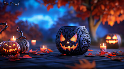 Seasonal Halloween decorations with Gothic ambiance and mysterious lighting