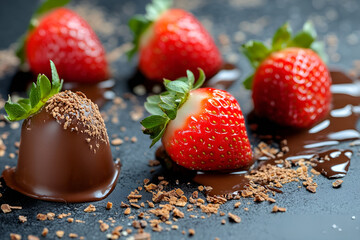 Deliciously tempting strawberries dipped in rich chocolate with dark background